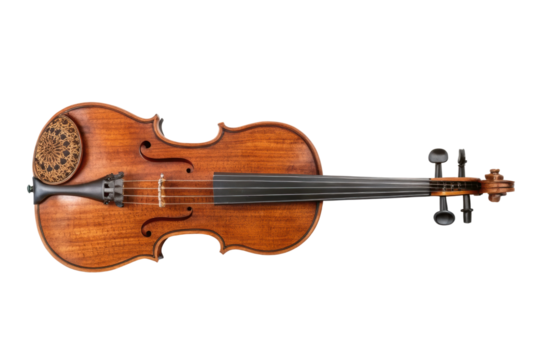 PNG Elegant wooden violin on black background with intricate tailpiece design
