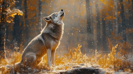 Majestic wolf in autumnal forest scene