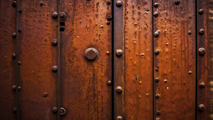 Fototapeta premium Detailed closeup of a rusty metal door with rivets and textured surface showing age and weathering