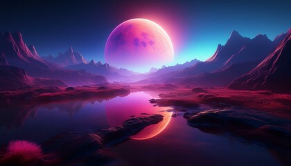 Sci-Fi landscape Red-pink planet on the horizon of a mountainous, rocky area at night