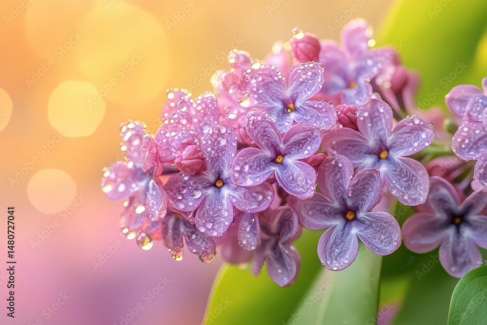 Aufkleber vibrant lilac flowers glisten with dew drops under soft sunlight during springtime, creating a seren