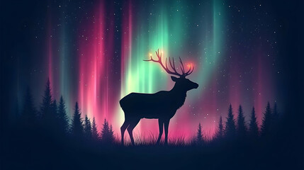 Silhouette of a deer with glowing antlers, standing in a forest under a vibrant aurora borealis