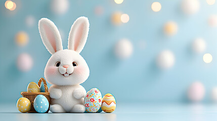Fototapeta premium Adorable White Easter Bunny with Colorful Eggs on Blue Background