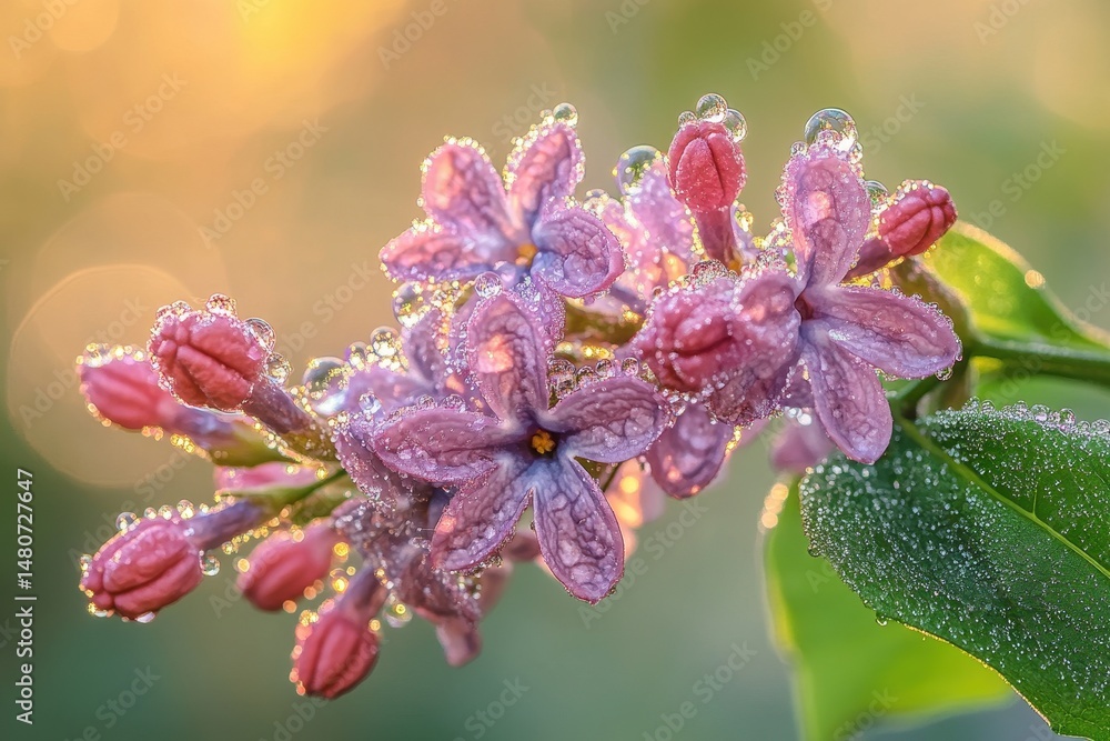 Aufkleber Vibrant lilac flowers glisten with dew drops under soft sunlight during springtime, creating a serene and enchanting atmosphere in a blooming garden setting