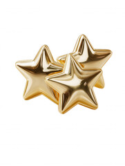 Three shiny golden stars are rendered in a photorealistic style, isolated on a plain white background, and casting subtle reflections on their metallic surface.