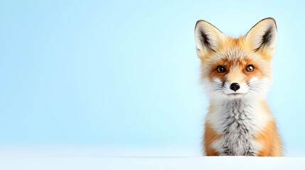 Red Fox Kit Portrait Against Light Blue and White Background