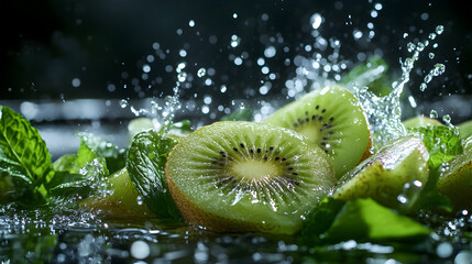 Kiwi Fruit Slices Splashing in Water with Fresh Mint