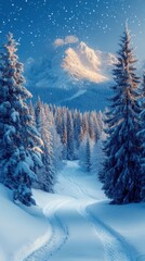 Fototapeta premium Majestic Winter Wonderland Snow Covered Pathway Through Snowy Forest to Mountain Peak