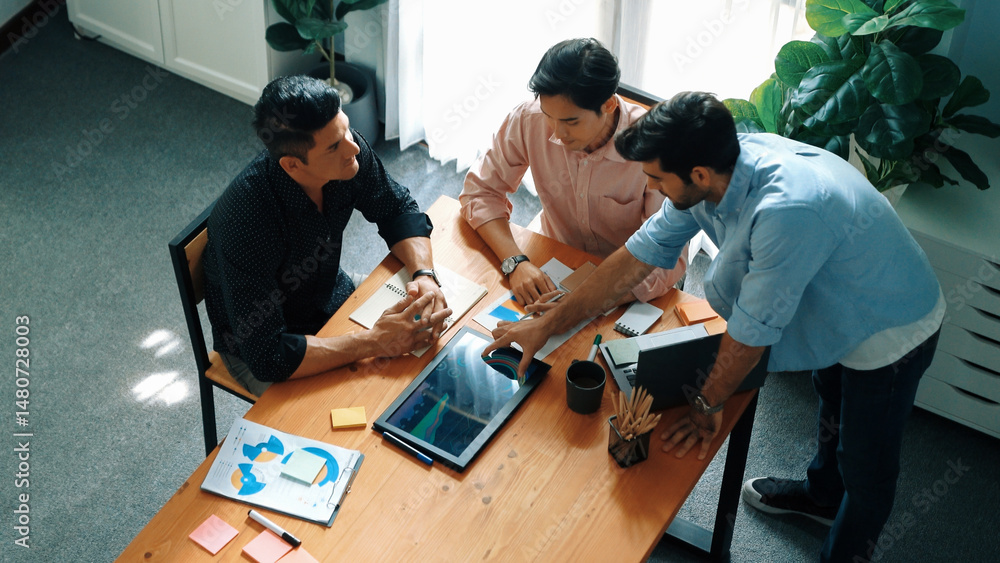 Poster group of diverse people sharing idea while writing at sticky notes. professional smart business team