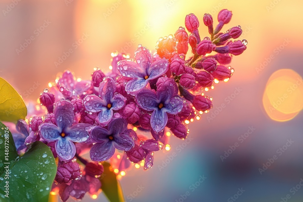 Aufkleber vibrant lilac flowers glisten with dew drops under soft sunlight during springtime, creating a seren