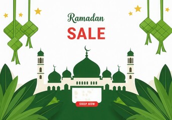 Fototapeta premium Ramadan sale banner with mosque and ketupat