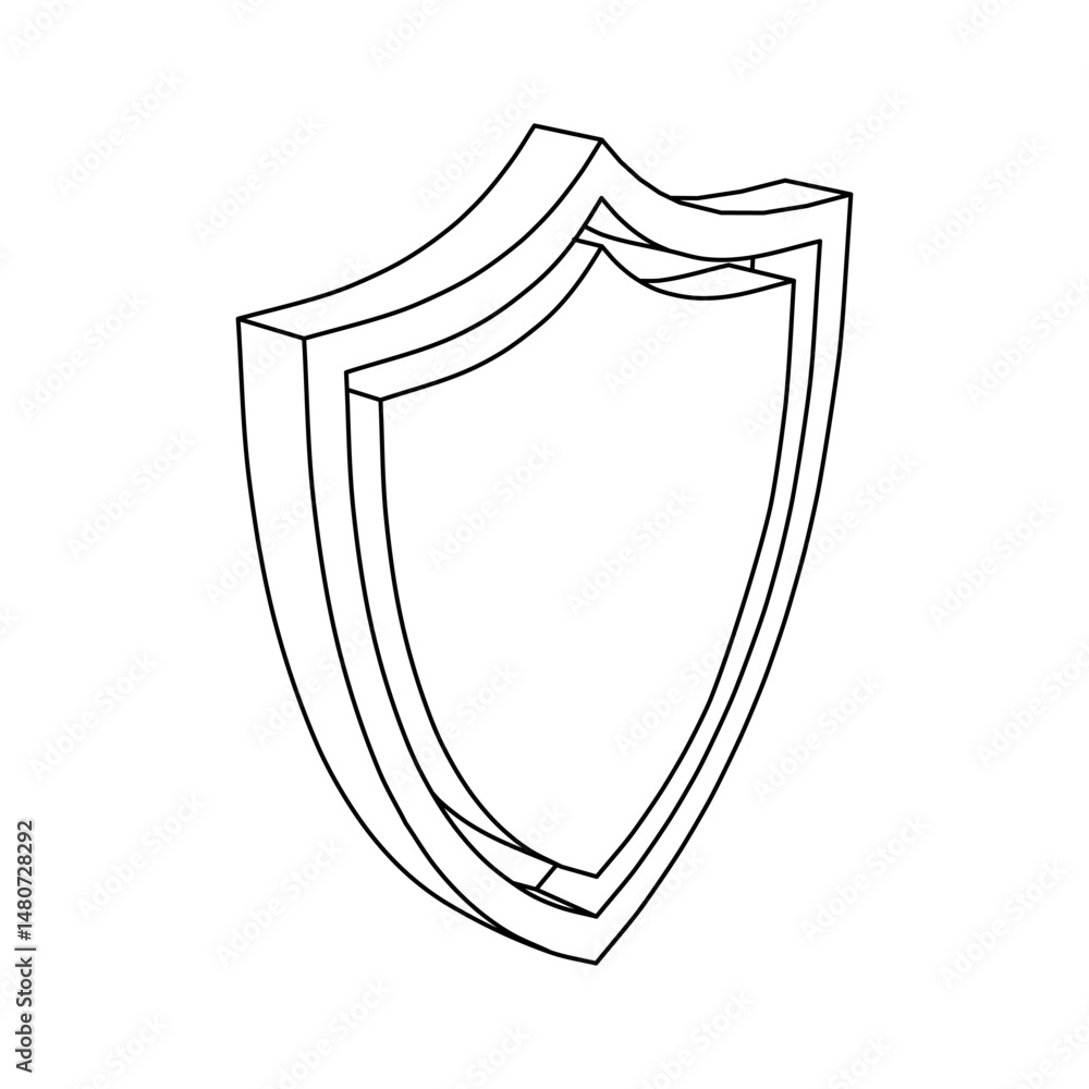 Poster the outline of a large shield symbol is made with black lines. 3d view of the object in perspective.