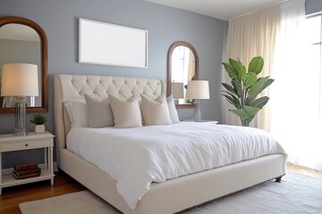 Fototapeta premium Modern Bedroom Interior with Beige Tufted Headboard, White Linens, Mockup