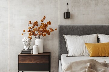 Modern bedroom interior with bedside table, bust, flowers, vases and bed