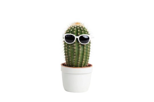 PNG Cactus wearing sunglasses in white pot on black background
