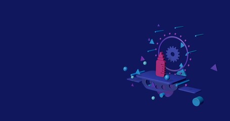 Naklejka premium Pink feeding bottle symbol on a pedestal of abstract geometric shapes floating in the air. Abstract concept art with flying shapes on the right. 3d illustration on indigo background