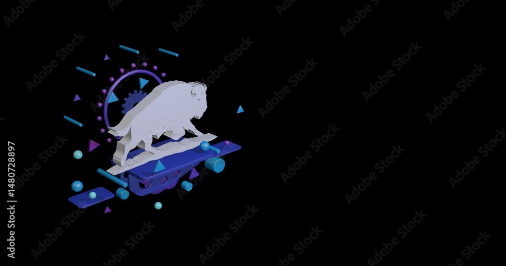 Poster white wild buffalo on a pedestal of abstract geometric shapes floating in the air. abstract concept 
