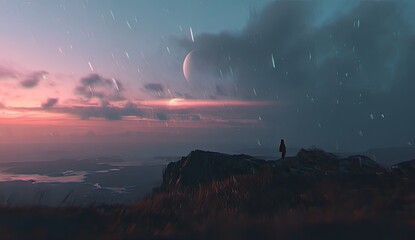 Fototapeta premium Solitary figure on a mountaintop observes a celestial spectacle