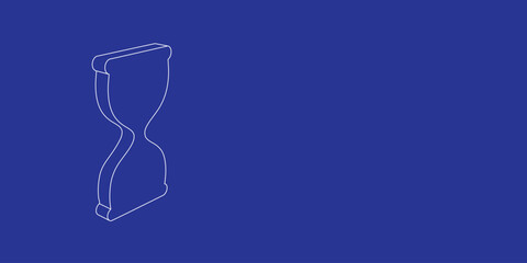 The outline of a large hourglass symbol made of white lines on the left. 3D view of the object in perspective. Vector illustration on indigo background