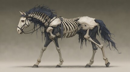 Skeletal horse with dark mane and tail artwork