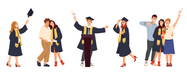 Set of graduates in gowns with diplomas. Young men and women throwing caps, posing with family, celebrating Perfect for education-related design, poster, banner and invitation. Graduate vector concept
