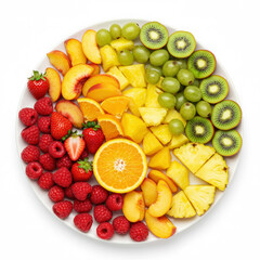 Ombré fruit arrangement transitioning from red to yellow tones, white plate isolated on white