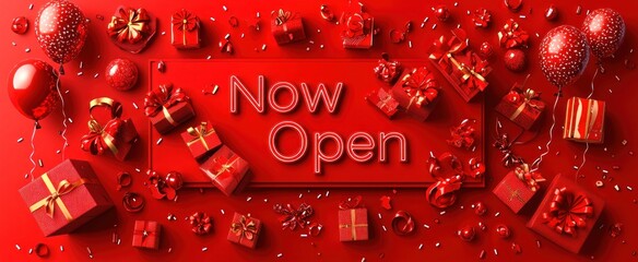 Festive red grand opening announcement with gifts, balloons, and confetti