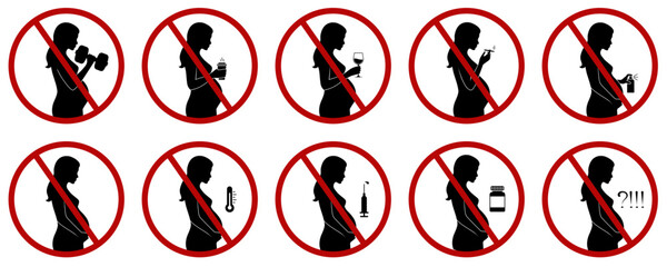 Set of pictograms describing prohibitions for pregnant woman: smoking, alcohol, drugs, caffeine, medicine, weight lifting, sauna, toxic chemicals, stress