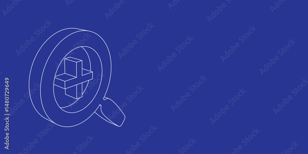 Poster the outline of a large zoom in symbol made of white lines on the left. 3d view of the object in pers