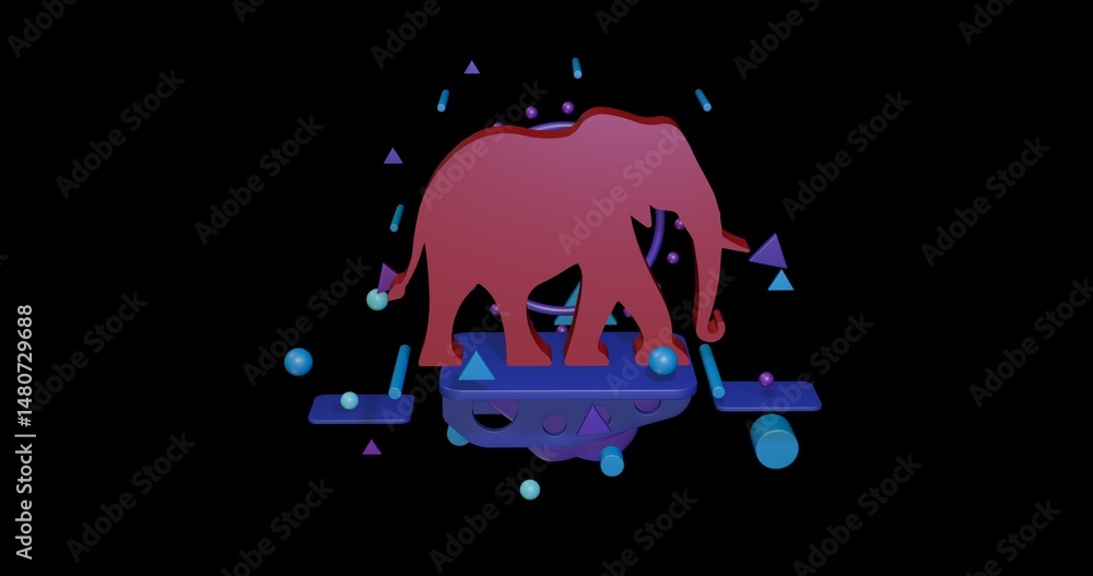 Poster red elephant on a pedestal of abstract geometric shapes floating in the air. abstract concept art wi