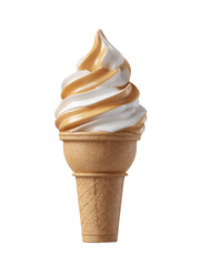 A delicious looking soft serve ice cream cone with vanilla and caramel swirl is isolated on a clean white background ready to enjoy for a refreshing summer treat.