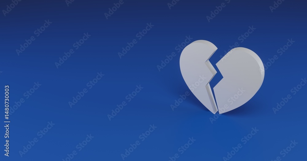 Poster isolated realistic white broken heart symbol with shadow. located on the right side of the scene. 3d