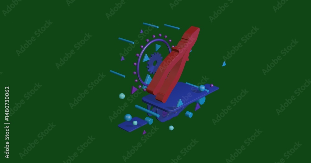 Poster red pliers symbol on a pedestal of abstract geometric shapes floating in the air. abstract concept a