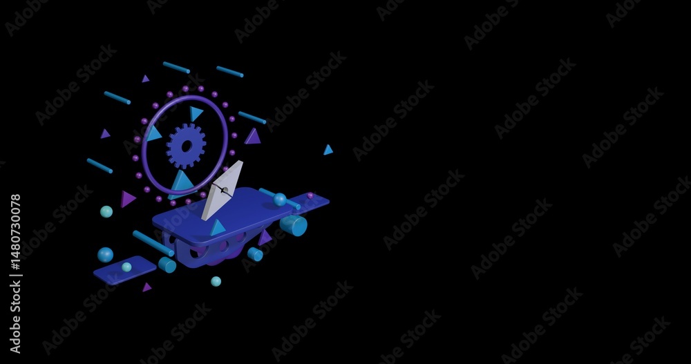 Poster white compass symbol on a pedestal of abstract geometric shapes floating in the air. abstract concep