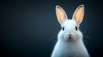 Fototapeta premium White Fluffy Rabbit Portrait Against Dark Background