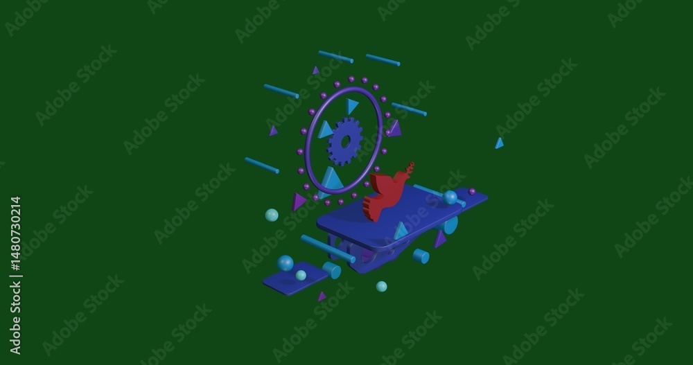 Poster red dove of peace symbol on a pedestal of abstract geometric shapes floating in the air. abstract co