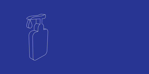 The outline of a large liquid soap symbol made of white lines on the left. 3D view of the object in perspective. Vector illustration on indigo background