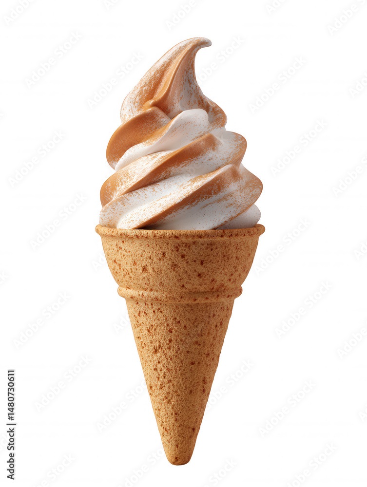 Poster a delicious swirl of soft serve ice cream with caramel drizzle rests inside a crispy waffle cone, di
