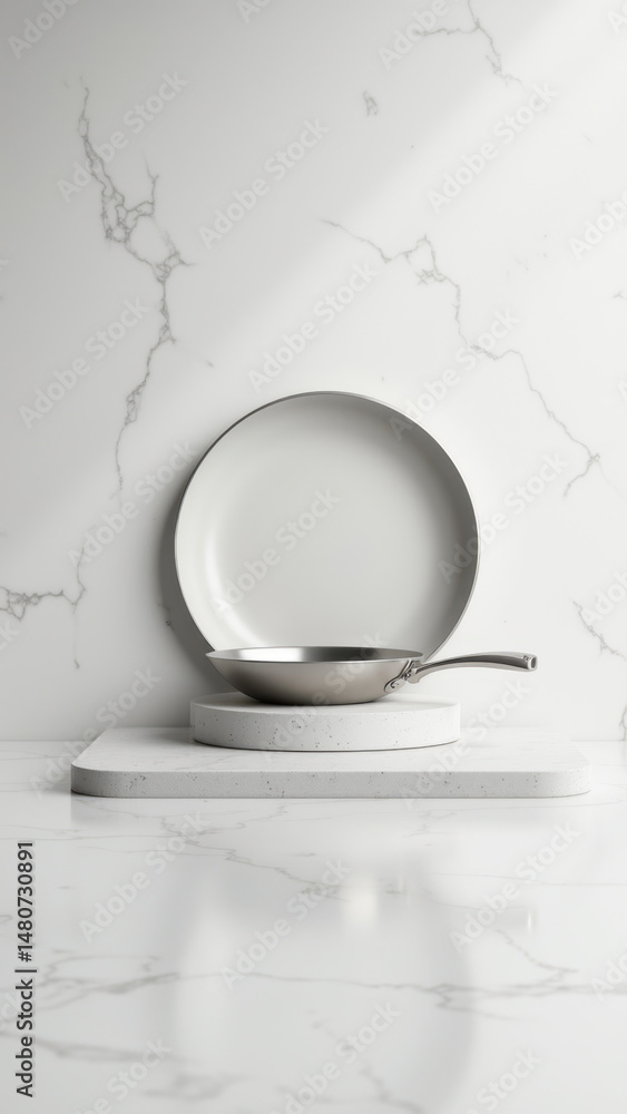 Poster an elegant frying pan placed on a sleek marble countertop against a gradient backdrop.