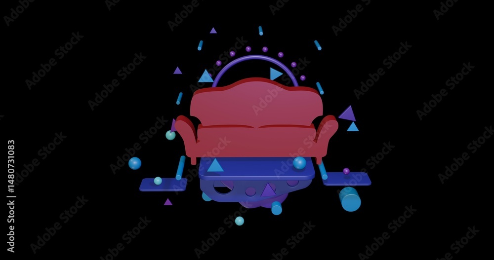 Poster red sofa symbol on a pedestal of abstract geometric shapes floating in the air. abstract concept art