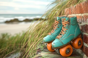 Vintage roller skates with teal boots and orange wheels leaning against a brick wall with beach backdrop.