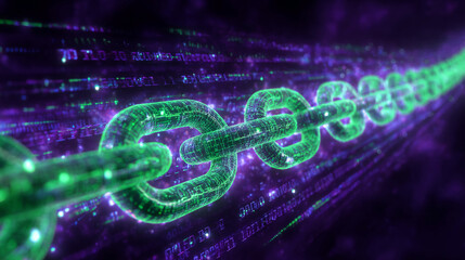 Glowing green chain link on purple digital background, symbolizing blockchain technology, security, and data connection