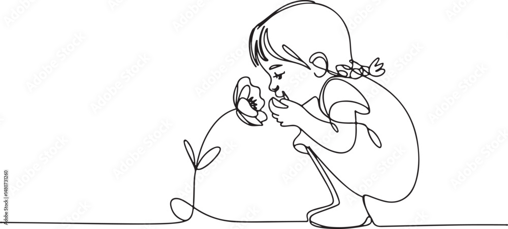 Poster continuous line art drawing of a child smelling a flower, black linear sketch of a small girl crouch