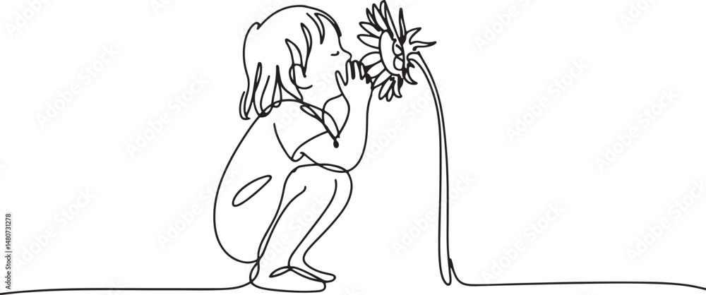 Poster continuous line art drawing of a child smelling a flower, black linear sketch of a small girl crouch