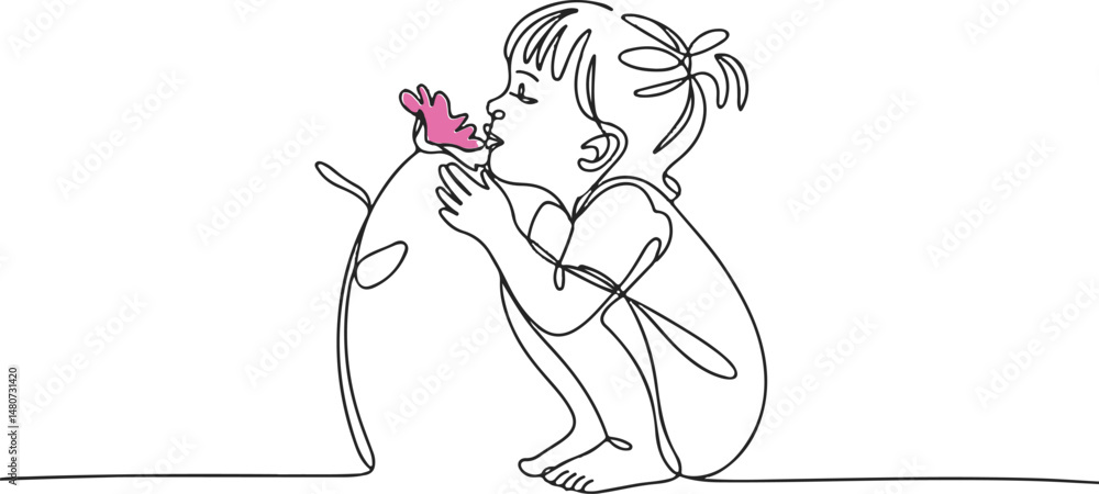 Poster continuous line art drawing of a child smelling a flower, black linear sketch of a small girl crouch