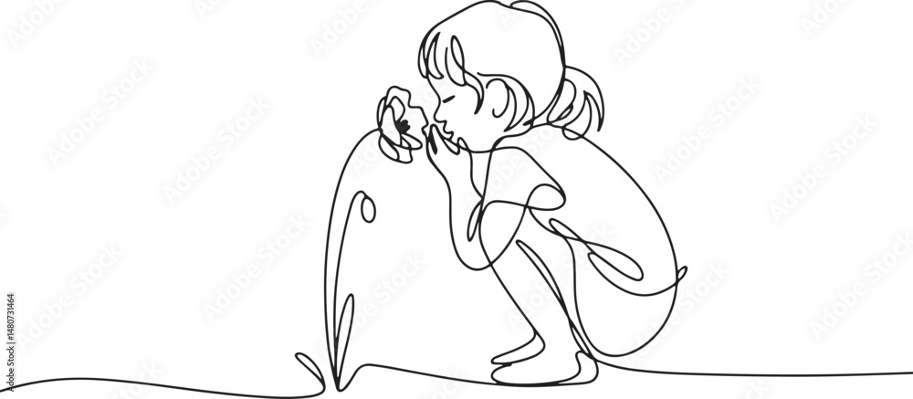 Poster continuous line art drawing of a child smelling a flower, black linear sketch of a small girl crouch
