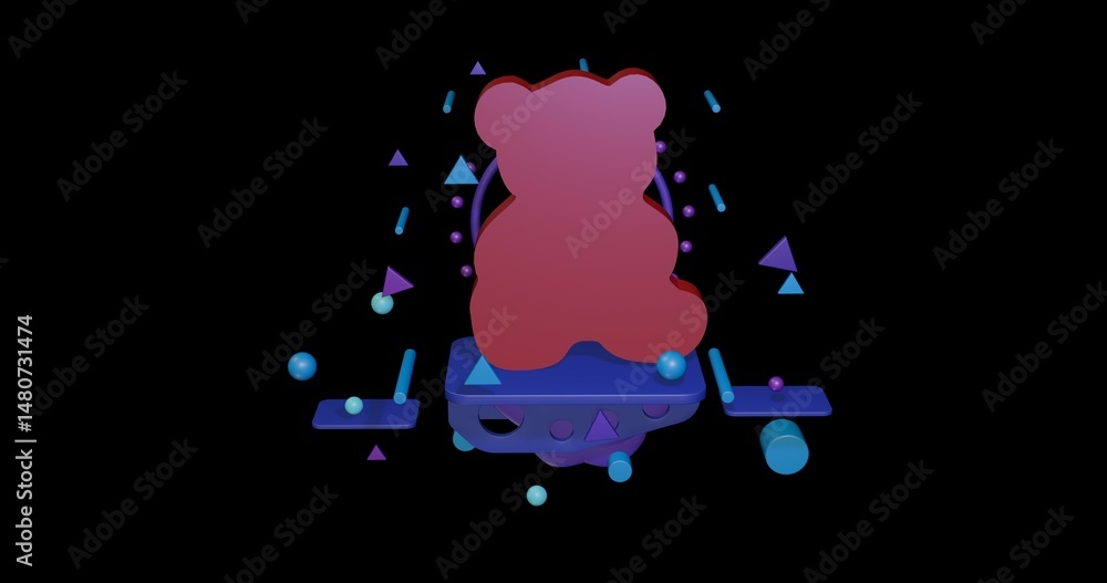 Aufkleber red teddy bear symbol on a pedestal of abstract geometric shapes floating in the air. abstract conce