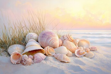 A beautiful oil painting of seashells on a sandy beach with soft, pastel sunset colors and dune grass.