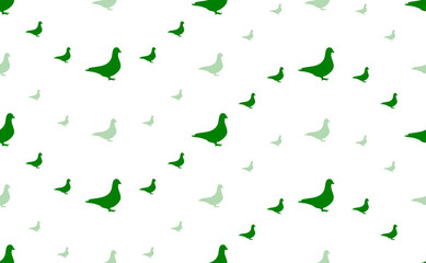 Seamless pattern of large and small green bird pigeon symbols. The elements are arranged in a wavy. Illustration on light green background