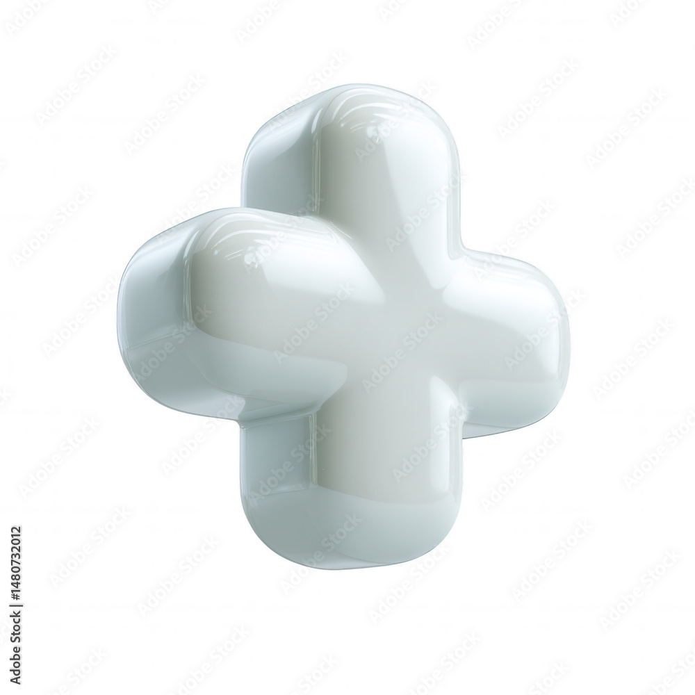 Poster a glossy, smooth, and slightly rounded white plus sign is centered on a clean white background, cast